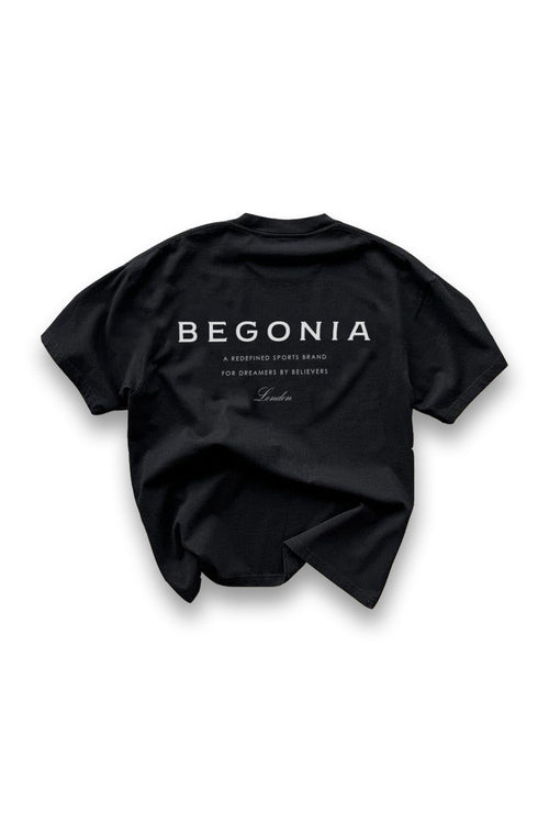 Black oversized tee, back, with BEGONIA print