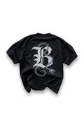 Black oversized tee, back, with gothic Serpent B print