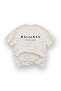 White oversized tee, back, with BEGONIA print
