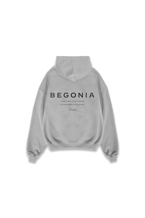 Grey oversized hoodie, back, with BEGONIA print